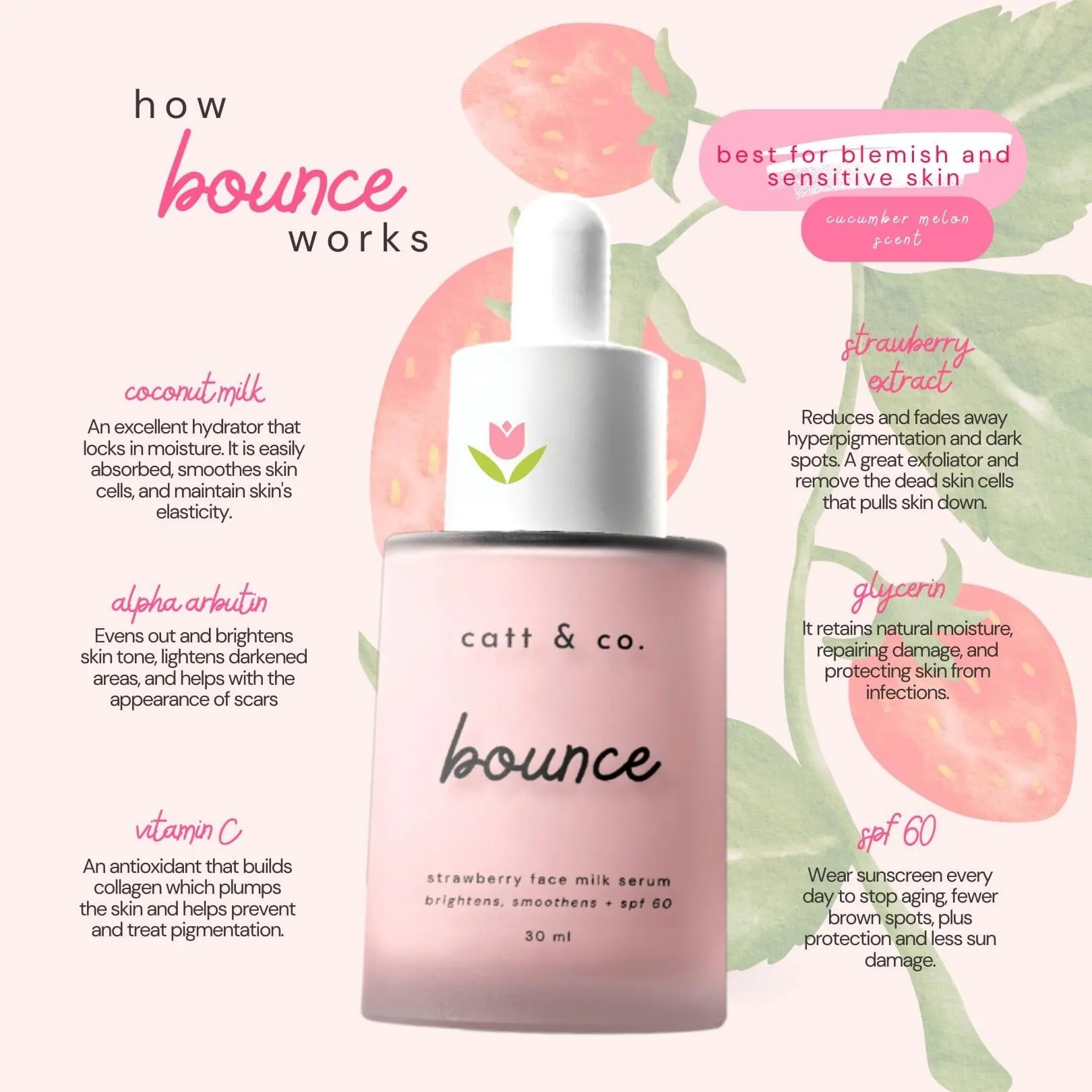 Catt & Co - BOUNCE - Strawberry Face Milk Serum - Brightens Smoothens SPF60 - 30ml