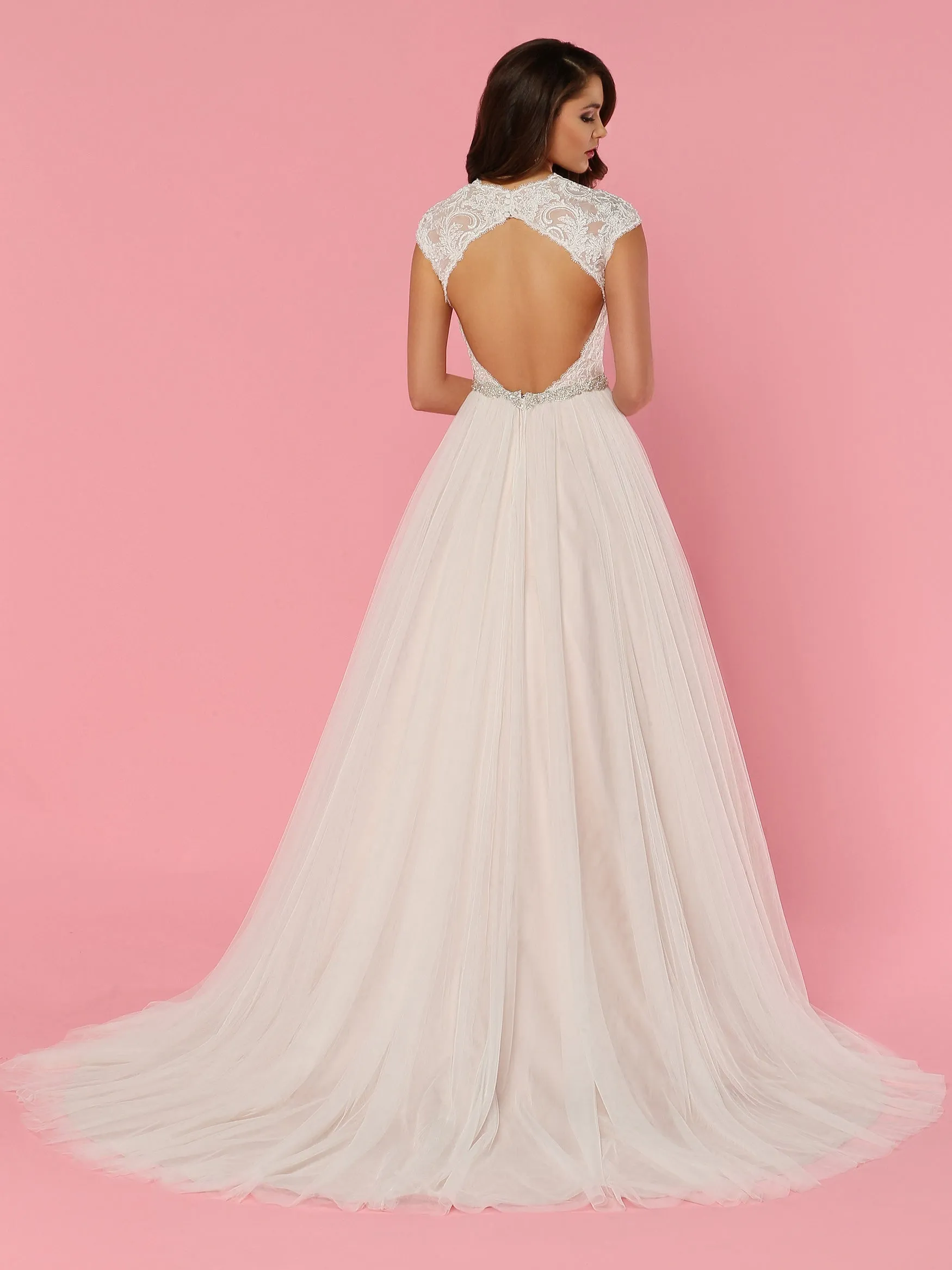 Davinci Bridal 50456 Lace Tulle Wedding Dress Crystal Belt Ballgown SheerCap Sleeve