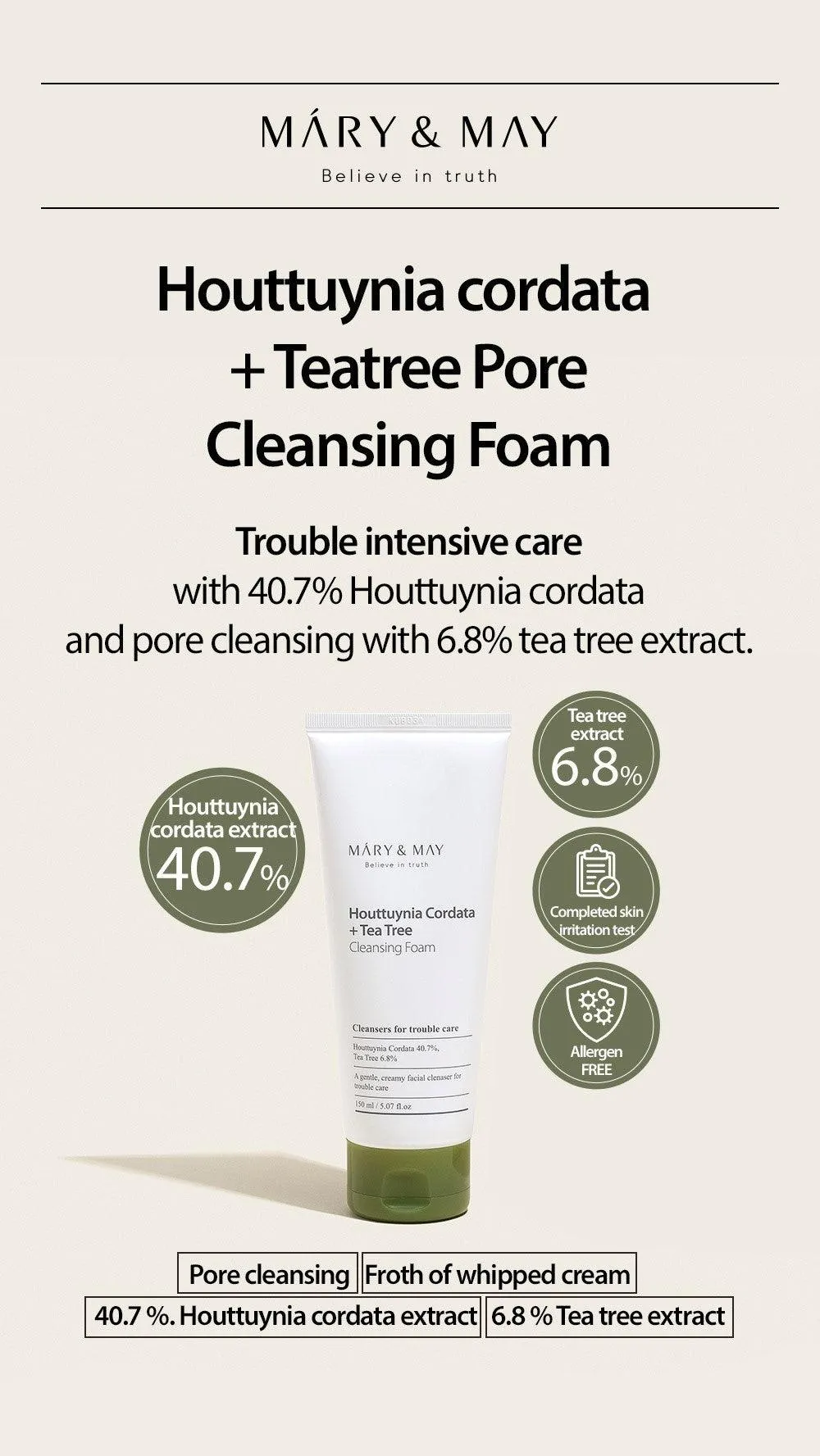 MARY&MAY Houttuynia Cordata   Tea Tree Cleansing Foam - 150ml